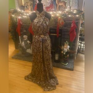 Lauren Ralph Lauren Metallic Paisley Jacquard Halter Gown Size 12